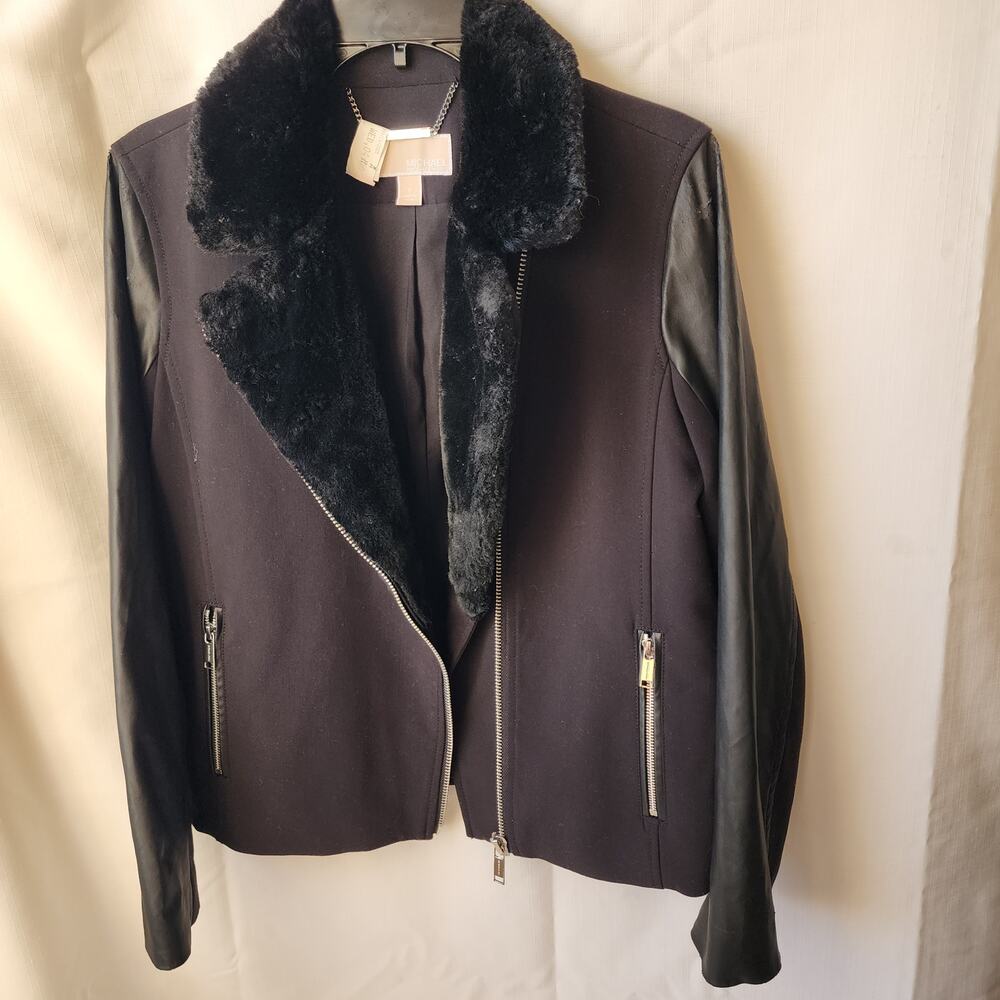 🖤 Michael Kors Faux Leather Jacket Fur Collar Moto Jacket Black– Size 8 Women